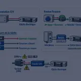 Schéma de branchement d'une gâche électrique 12V avec alimentation, bouton poussoir, interphone et contacts.