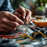 Mains de technicien travaillant sur le branchement interphone, fils colorés et multimètre en arrière-plan.