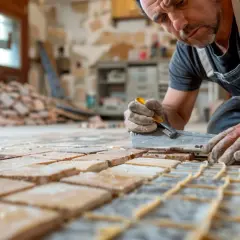 Un artisan méticuleux utilise un outil pour enlever le carrelage ancien, préparant le sol pour une nouvelle pose.