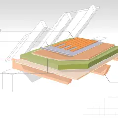 Schéma d'un plancher bois d'étage avec ses couches : revêtement, sous-couche, isolant phonique, plancher et solives.