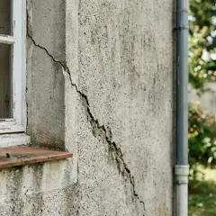 Grosse fissure sur le mur extérieur d'une maison, près d'une fenêtre. Il faudra réparer cette fissure pour sécuriser le bâtiment.