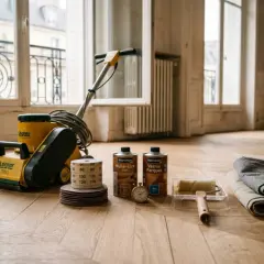 Un rabot parquet, disques abrasifs, vernis et rouleau prêts pour redonner vie à un plancher de bois.