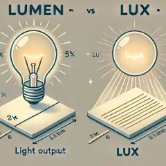 Illustration comparant lumens et lux. Les lumens mesurent la lumière émise par une source, le lux, la lumière reçue sur une surface.