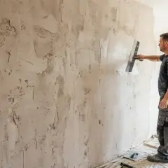 Un ouvrier utilise une taloche pour poncer un mur en plâtre, préparant la surface pour la peinture.