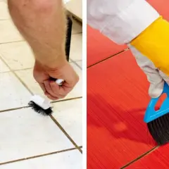 Nettoyer carrelage après joint : brossage des joints sur carrelage clair et balayage sur carrelage rouge.