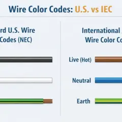 Comparaison des codes couleur des fils électriques : US vs IEC. Le fil "Hot" est noir aux US, marron à l'international. Le fil "Neutral" est blanc aux US, bleu à l'international. Le fil de terre (Ground/Earth) est vert/jaune.