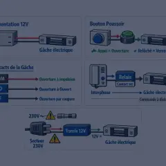 Schéma de branchement d'une gâche électrique 12V avec alimentation, bouton poussoir, interphone et contacts.