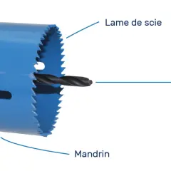 Une scie cloche bleue avec un foret centreur. Le diamètre de la scie cloche prise est visible, ainsi que la lame et le mandrin.