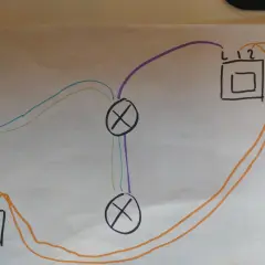 Schéma de branchement 2 interrupteurs pour 1 lampe. Le schéma montre les fils de phase, neutre et terre connectés à deux boîtiers, puis à deux symboles de connexion croisée, et enfin à un symbole de lampe.