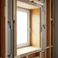 Fenêtre en pose en tunnel, avec isolation en fibre de bois et structure bois visible.