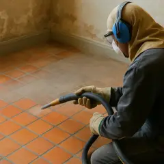 Un ouvrier équipé utilise un appareil pour enlever la laitance du carrelage, révélant sa couleur d'origine.