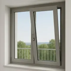Fenêtre oscillo-battante grise ouverte en soufflet, vue sur un paysage verdoyant. Idéal pour aérer sans démonter la fenêtre.