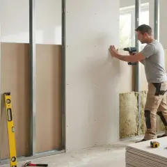 Un homme utilise une perceuse pour monter une cloison en placo sur une structure métallique. Des matériaux de construction sont visibles.