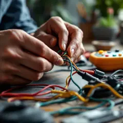 Mains de technicien travaillant sur le branchement interphone, fils colorés et multimètre en arrière-plan.