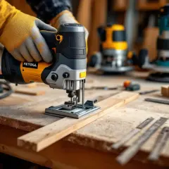 Mains gantées pilotant une scie sauteuse pour une coupe de travers sur une planche de bois. Outils de menuiserie en arrière-plan.