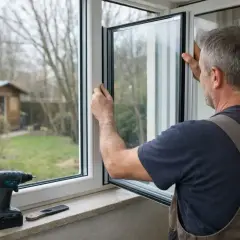 Un homme en salopette installe une nouvelle vitre double vitrage. Une perceuse est posée sur le rebord de la fenêtre.