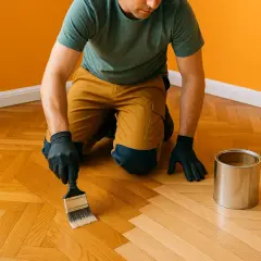 Un homme agenouillé applique un vernis sur un parquet en chevrons, début de la rénovation parquet.