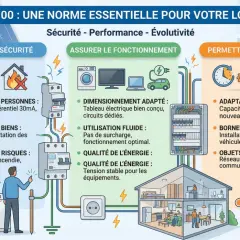 Schéma illustrant la norme NF C 15-100 pour un logement, couvrant sécurité, fonctionnement et évolutivité, avec un focus sur le type de prise et les équipements modernes.