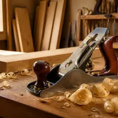 Un rabot en bois, un outil ébéniste essentiel, repose sur un établi couvert de copeaux. Des planches de bois et des ciseaux sont visibles en arrière-plan.