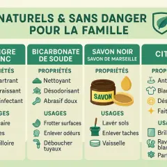 Tableau comparatif des produits ménagers naturels : vinaigre blanc, bicarbonate de soude, savon noir et citron. Idéal pour nettoyer jonc de mer vinaigre blanc.