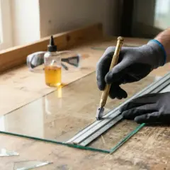 Mains gantées utilisant un coupe-verre pour découper une plaque de verre sur un établi.
