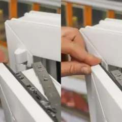 Main gauche ajustant un joint sur une fenêtre blanche, montrant le mécanisme de fermeture. La **fenêtre bloquée** semble être en cours d'installation ou de réparation.