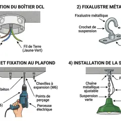 Schéma illustrant le branchement lampe plafond : préparation du boîtier DCL, fixation du crochet, perçage du plafond et installation finale du luminaire.