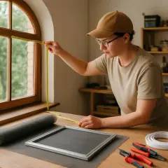Préparation pour installer moustiquaire fenetre : mesure de la fenêtre, rouleau de moustiquaire, cadre, outils et joint.