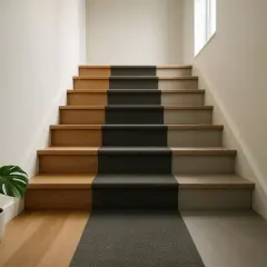 Un escalier moderne avec des marches en bois et un tapis en lino gris. Une plante verte décore le bas.