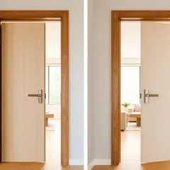 Deux portes en bois, l'une ouverte vers l'intérieur, l'autre vers l'extérieur, illustrant le sens d'ouverture des portes réglementation.