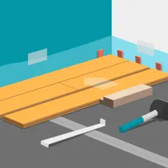 Schéma de pose de parquet flottant : lames en bois, cale, maillet et tire-lame pour un sol parfait.