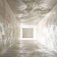 Couloir en cours de finition, les murs et le plafond montrent les traces de l'application de l'enduit. La lumière éclaire la perspective.