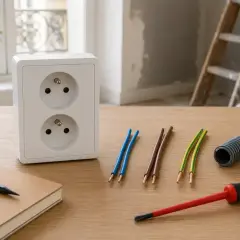 Double prise électrique blanche sur table en bois, fils électriques, tournevis, gaine et carnet. Idéal pour calculer combien de prise sur un disjoncteur 16a en 2.5.