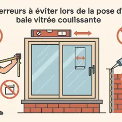 Un ouvrier mesure une baie vitrée coulissante. Des icônes indiquent les erreurs à éviter lors de la pose, comme l'utilisation d'un mètre ruban ou une mauvaise étanchéité.
