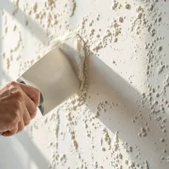 Main tenant enlever du crépi intérieur avec une spatule. La texture du mur est granuleuse et irrégulière.