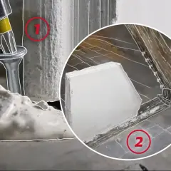 Visuel montrant une charge lourde sur carreau de plâtre, avec une vis s'enfonçant dans le matériau. Une seconde image montre une structure en bois.