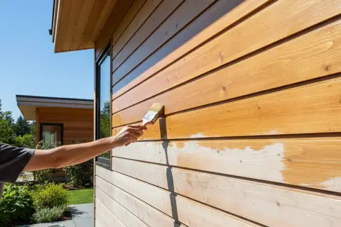 Application d'une lasure sur une fenêtre en bois, protégeant le bardage extérieur.