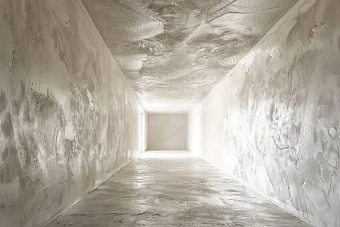Couloir en cours de finition, les murs et le plafond montrent les traces de l'application de l'enduit. La lumière éclaire la perspective.