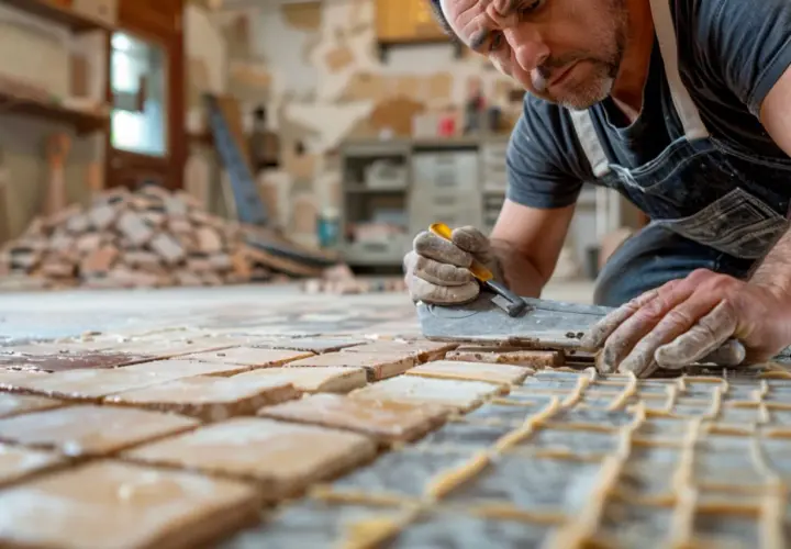 Un artisan méticuleux utilise un outil pour enlever le carrelage ancien, préparant le sol pour une nouvelle pose.