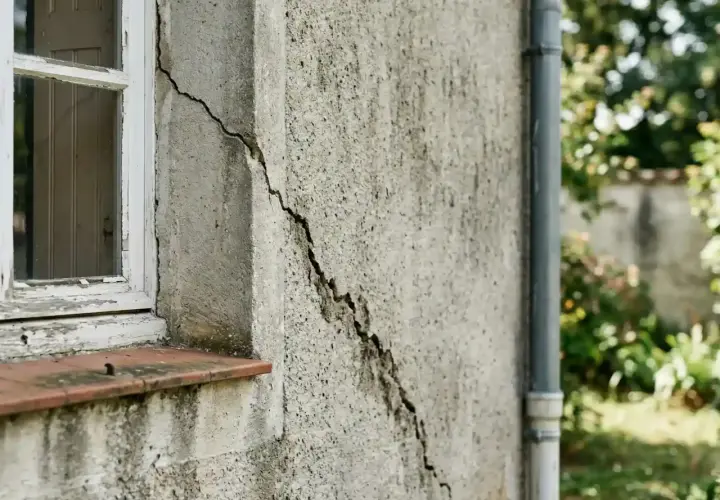 Grosse fissure sur le mur extérieur d'une maison, près d'une fenêtre. Il faudra réparer cette fissure pour sécuriser le bâtiment.