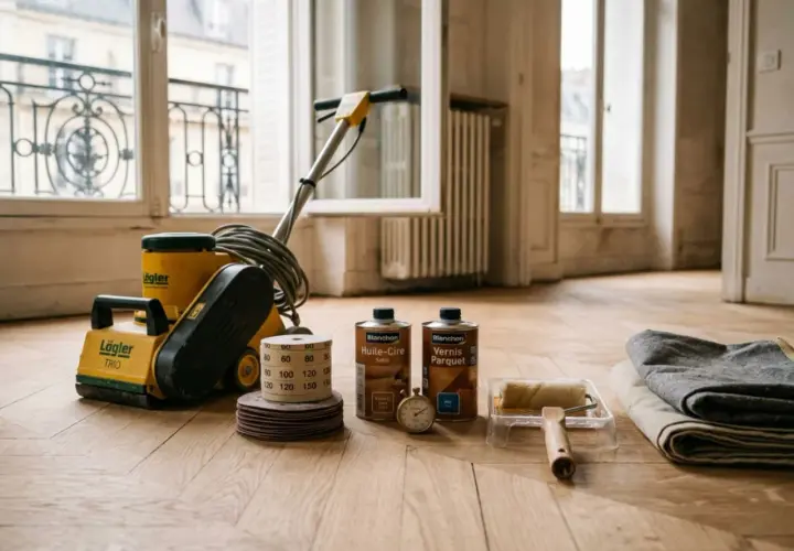 Un rabot parquet, disques abrasifs, vernis et rouleau prêts pour redonner vie à un plancher de bois.