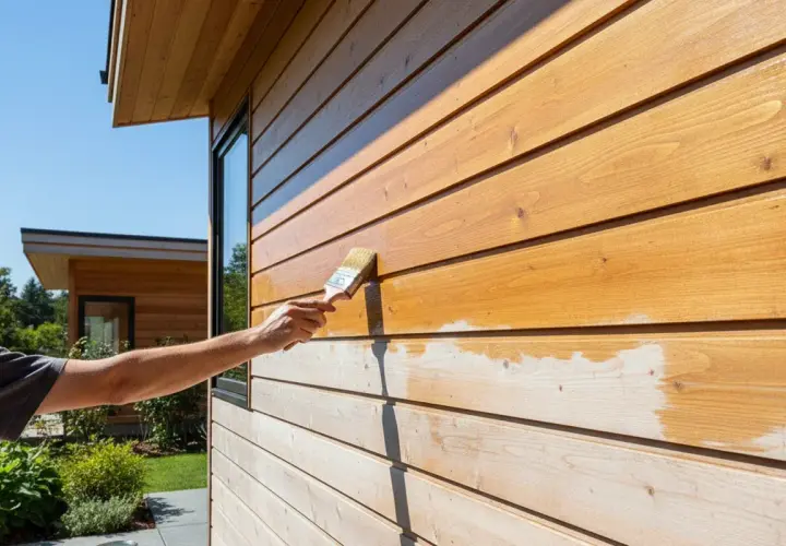 Application d'une lasure sur une fenêtre en bois, protégeant le bardage extérieur.
