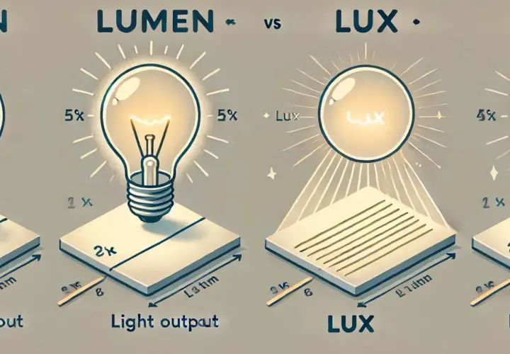 Illustration comparant lumens et lux. Les lumens mesurent la lumière émise par une source, le lux, la lumière reçue sur une surface.