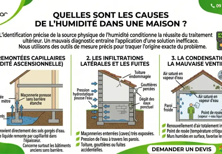 Causes d'un mur humide : remontées capillaires, infiltrations, condensation. Identifier la source est crucial pour un traitement efficace.