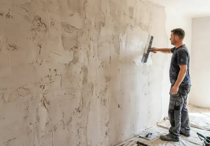 Un ouvrier utilise une taloche pour poncer un mur en plâtre, préparant la surface pour la peinture.