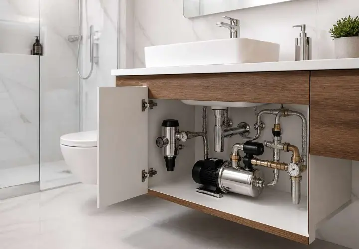 Système de pompe assurant une pression eau maison 4 bars. Tuyauterie chromée sous un lavabo moderne.