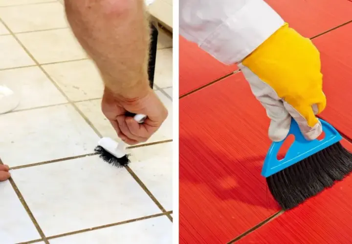 Nettoyer carrelage après joint : brossage des joints sur carrelage clair et balayage sur carrelage rouge.