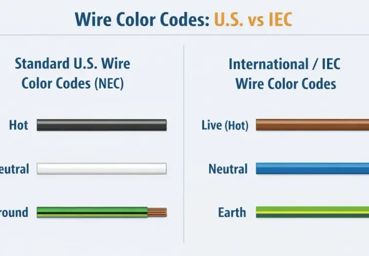 Comparaison des codes couleur des fils électriques : US vs IEC. Le fil "Hot" est noir aux US, marron à l'international. Le fil "Neutral" est blanc aux US, bleu à l'international. Le fil de terre (Ground/Earth) est vert/jaune.