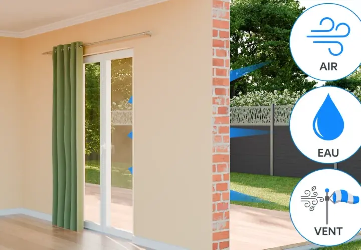 Vue d'une porte-fenêtre et d'un jardin avec des icônes symbolisant l'air, l'eau et le vent. Ce type de serrure assure une bonne étanchéité.