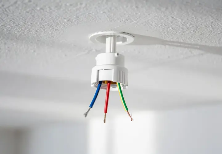Douille de plafond avec fils dénudés : bleu (neutre), rouge (phase) et vert/jaune (terre). Utile pour reconnaitre phase et neutre sur une douille.